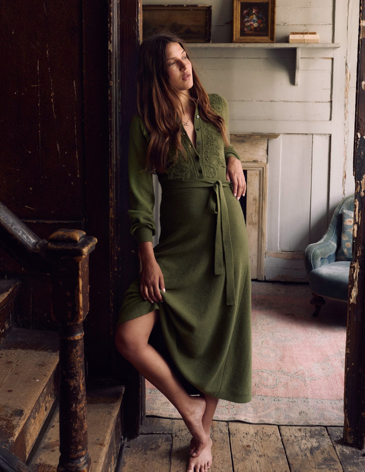 Lace Insert Knitted Midi Dress-Forest Glade