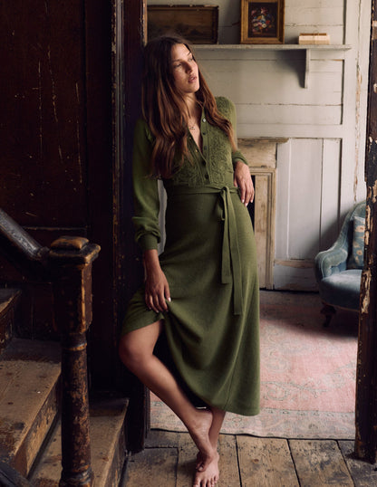 Lace Insert Knitted Midi Dress-Forest Glade-1