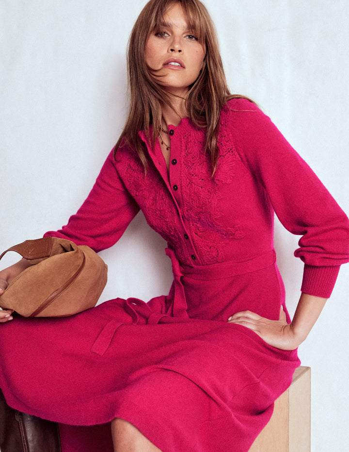 Strick-Midikleid mit Spitzeneinsatz-Kräftiges Rosa