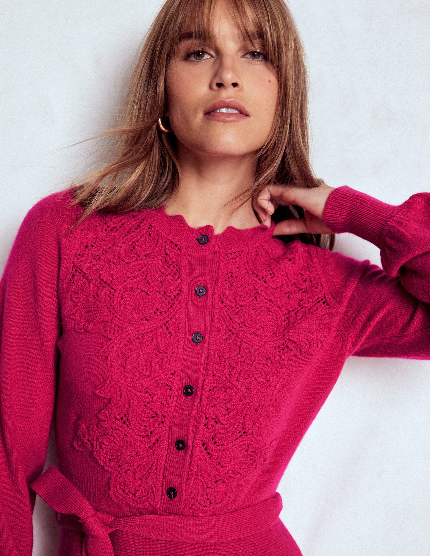 Lace Insert Knitted Midi Dress-Vibrant Pink