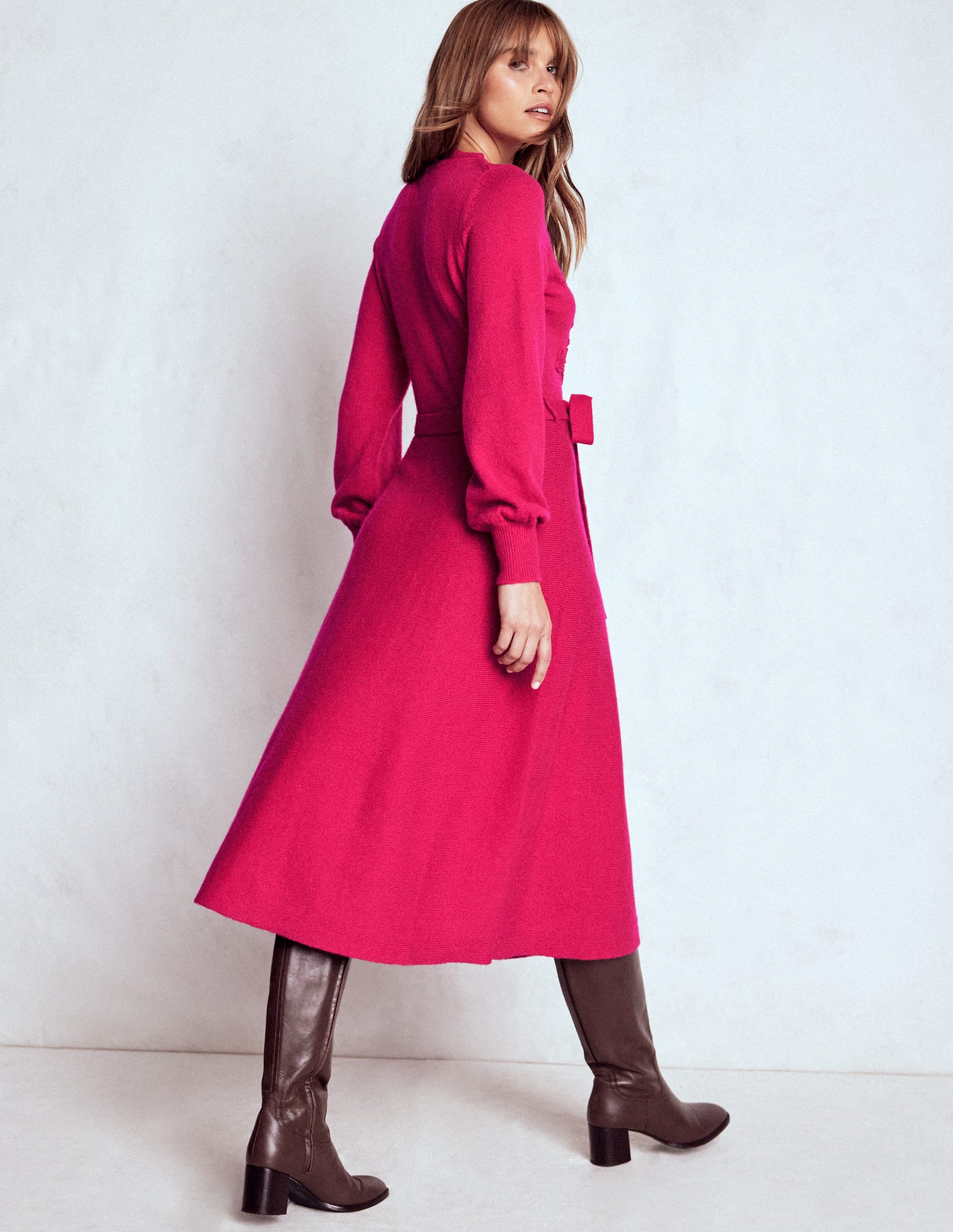 Robe midi en maille à empiècements en dentelle-Rose éclatant - Image 3
