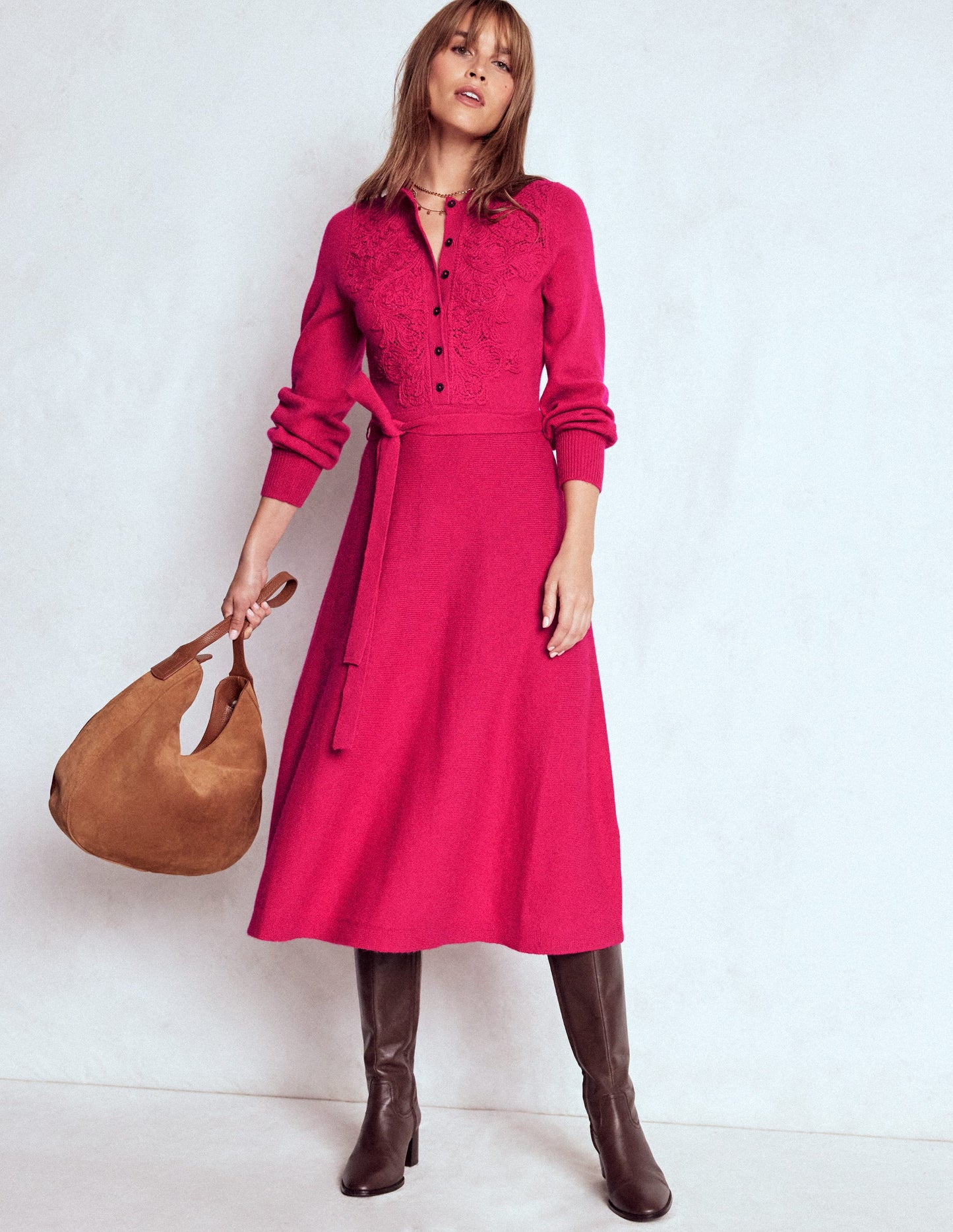 Lace Insert Knitted Midi Dress-Vibrant Pink