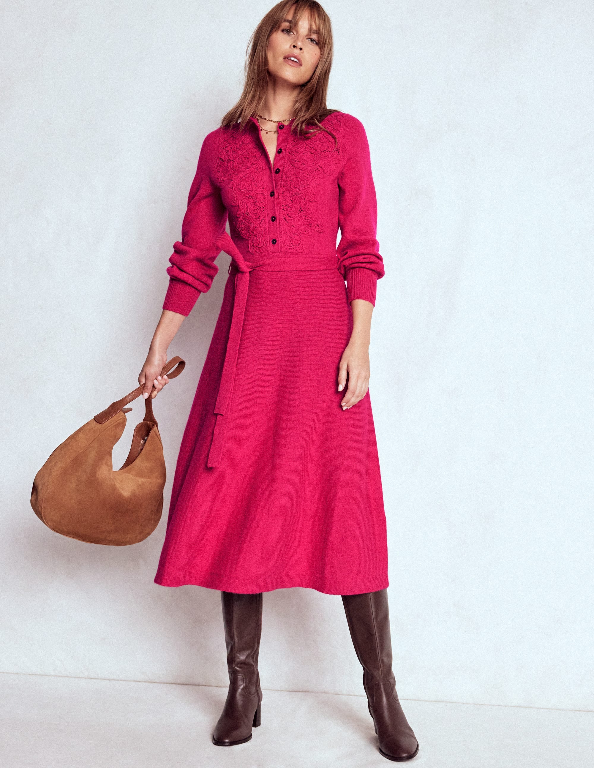 Robe midi en maille à empiècements en dentelle-Rose éclatant - Image 4