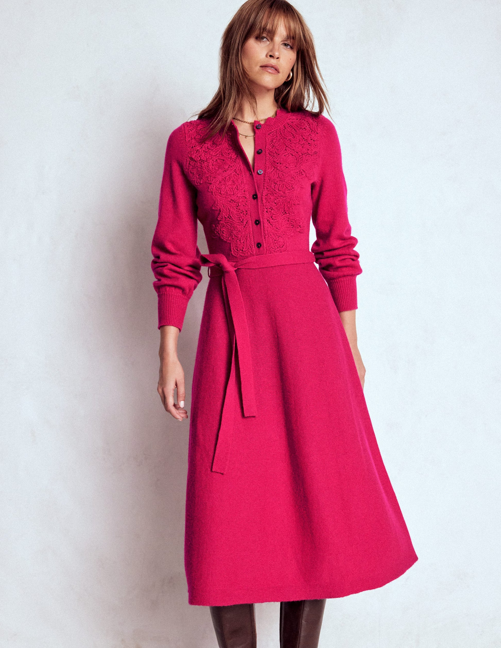 Lace Insert Knitted Midi Dress-Vibrant Pink-5