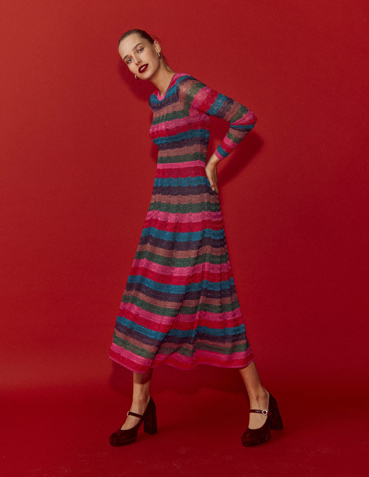 Metallic-Kleid mit Wellenmuster-Ackerbohnengrün/Pink, Gestreift