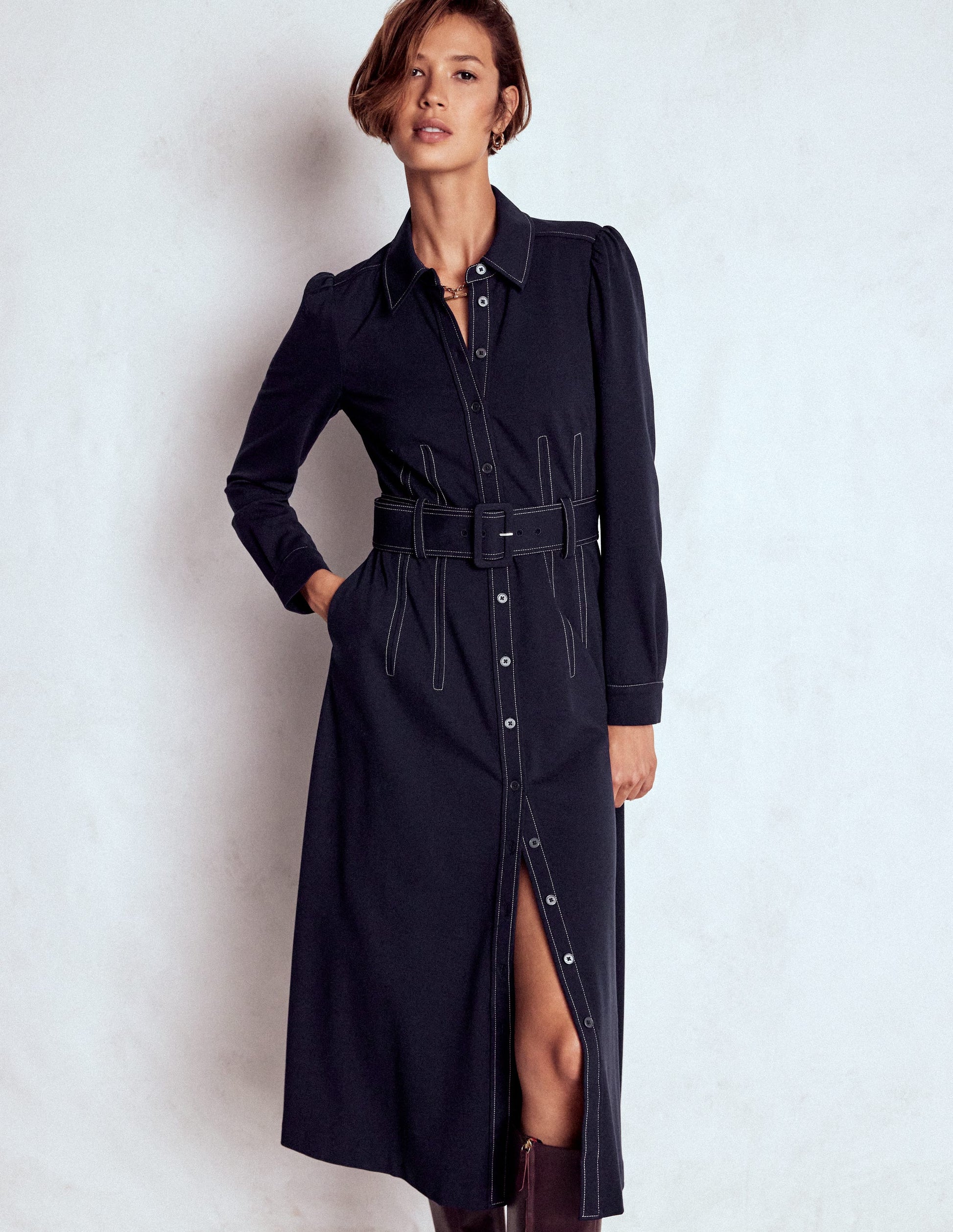 Anita Long Sleeve Shirt Dress-Navy-2