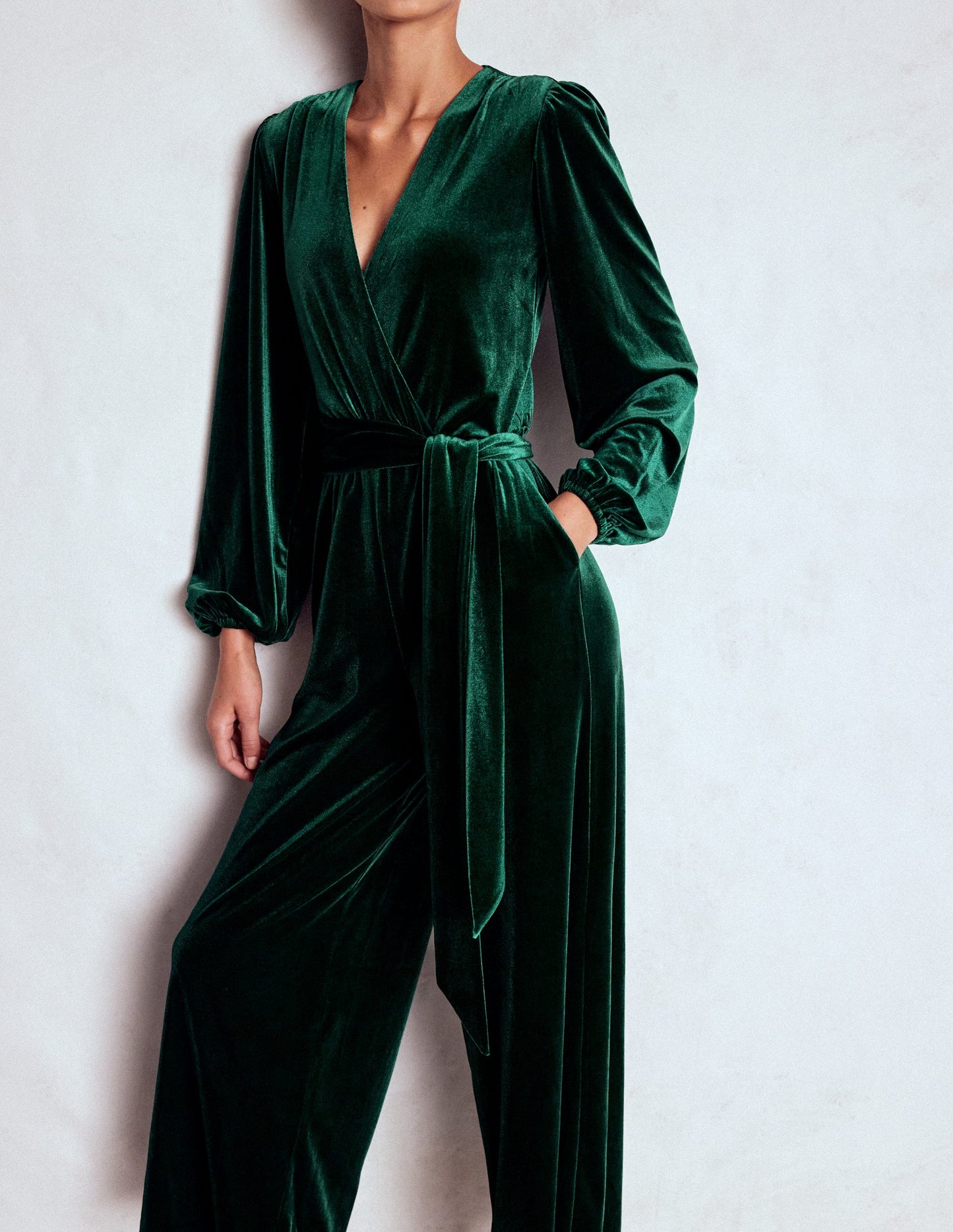 Jersey Velvet Wrap Jumpsuit-Emerald Night
