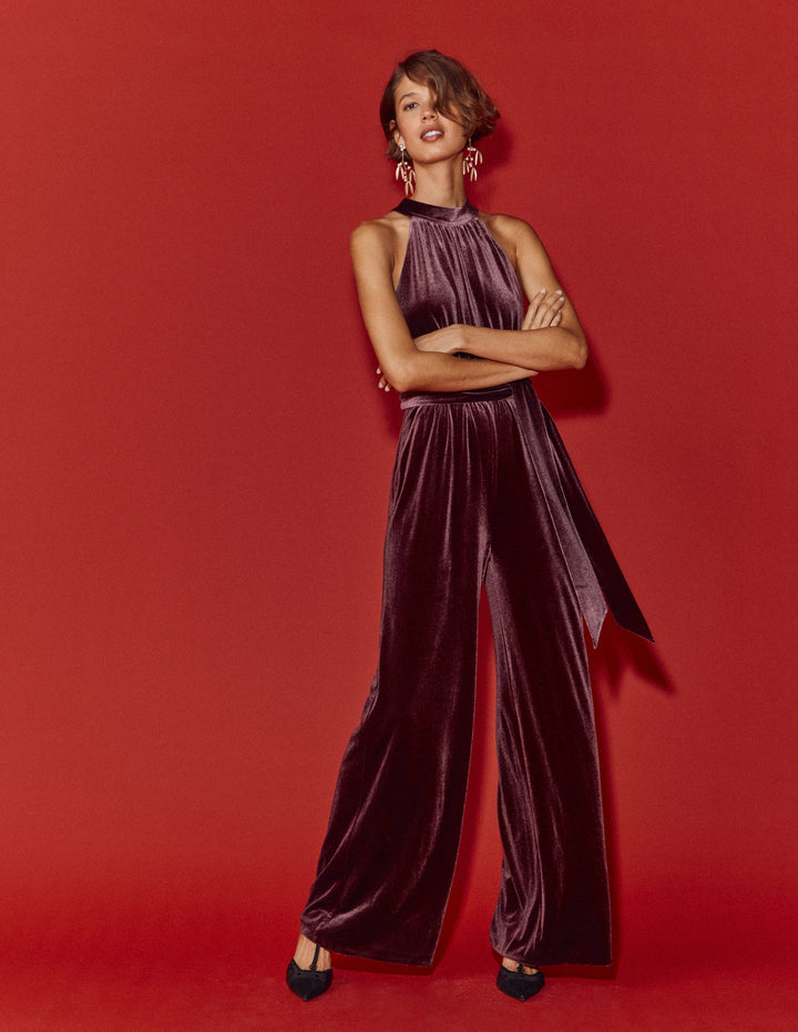 Jersey-Jumpsuit mit Neckholder-Dunkle Kirsche