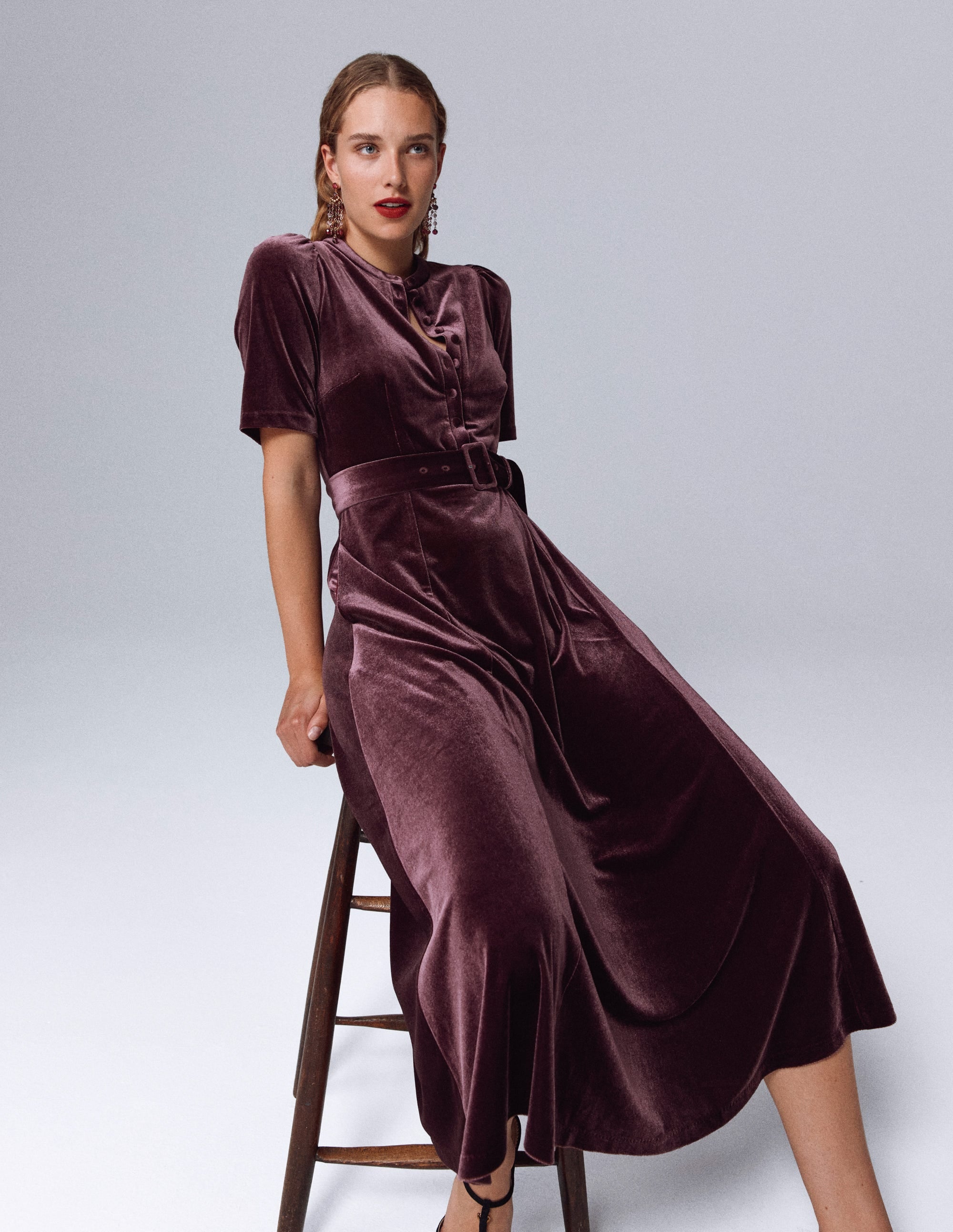 Kate Samt-Hemdblusenkleid-Dunkle Kirsche - Image 5
