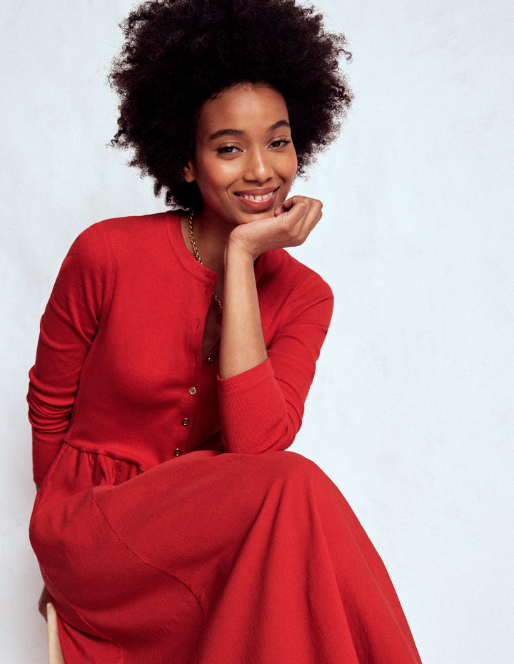 Kleid aus Rippstrick-Mix mit Knopfleiste-Purpurrot