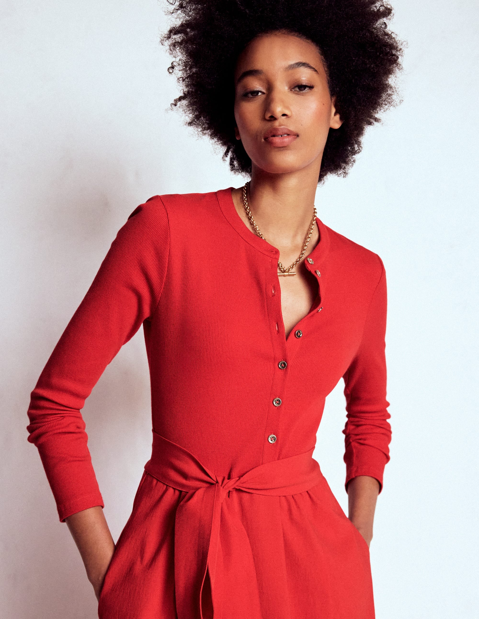 Kleid aus Rippstrick-Mix mit Knopfleiste-Purpurrot - Image 2