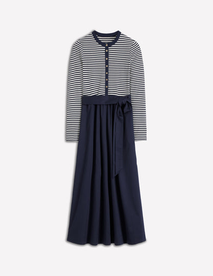 Kleid aus Rippstrick-Mix mit Knopfleiste-Dunkelblau/Streifen-5