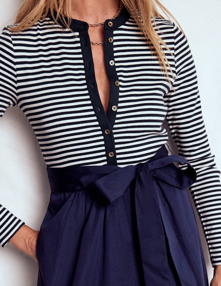 Kleid aus Rippstrick-Mix mit Knopfleiste-Dunkelblau/Streifen