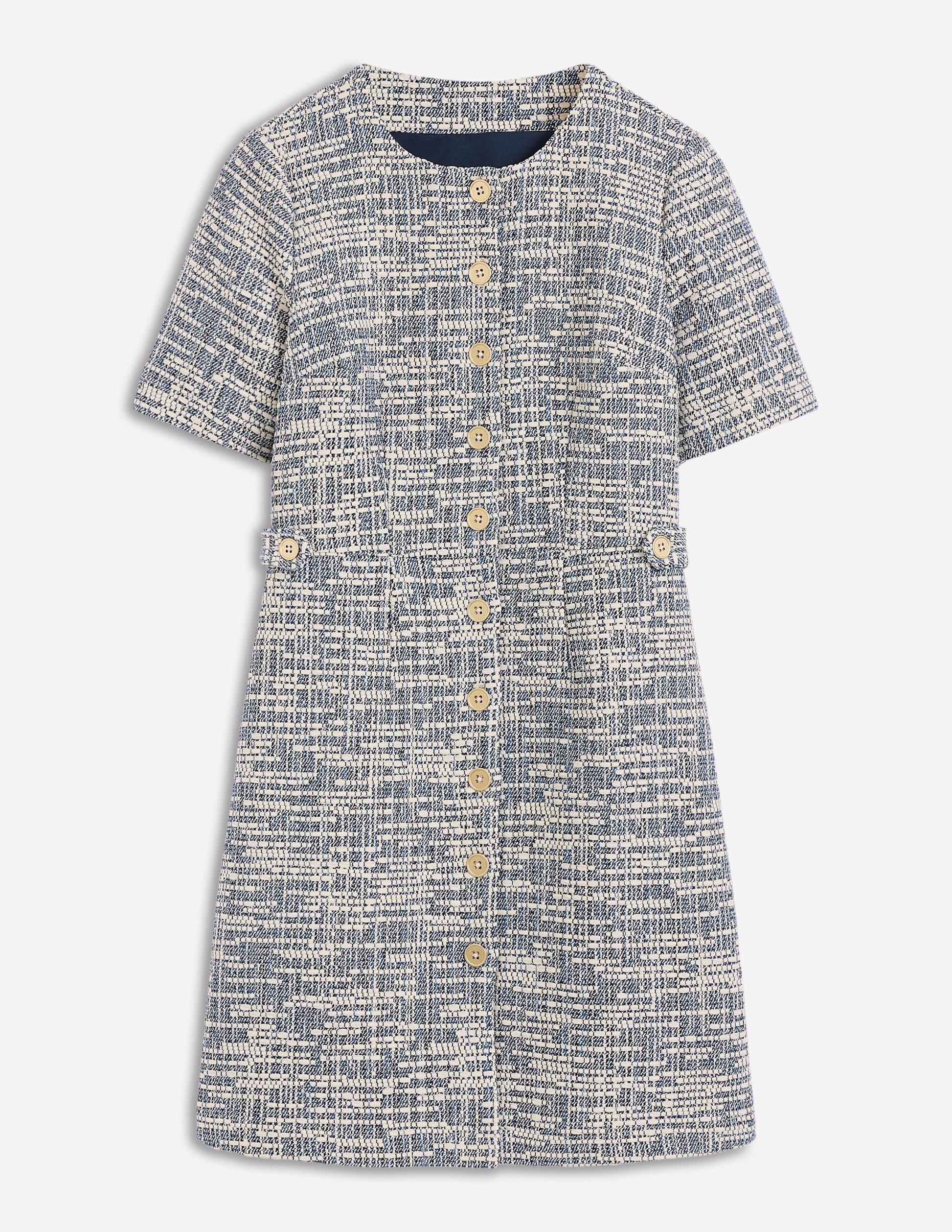 Kurzes, texturiertes Kleid mit Lasche-Blau und Weiß Texturiert-6
