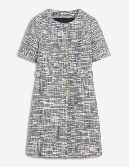 Kurzes, texturiertes Kleid mit Lasche-Blau und Weiß Texturiert-6