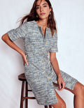 Robe courte à patte texturée-Texturé bleu et blanc
