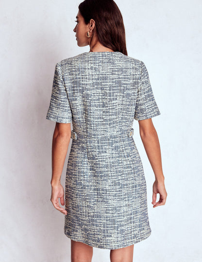 Kurzes, texturiertes Kleid mit Lasche-Blau und Weiß Texturiert-4