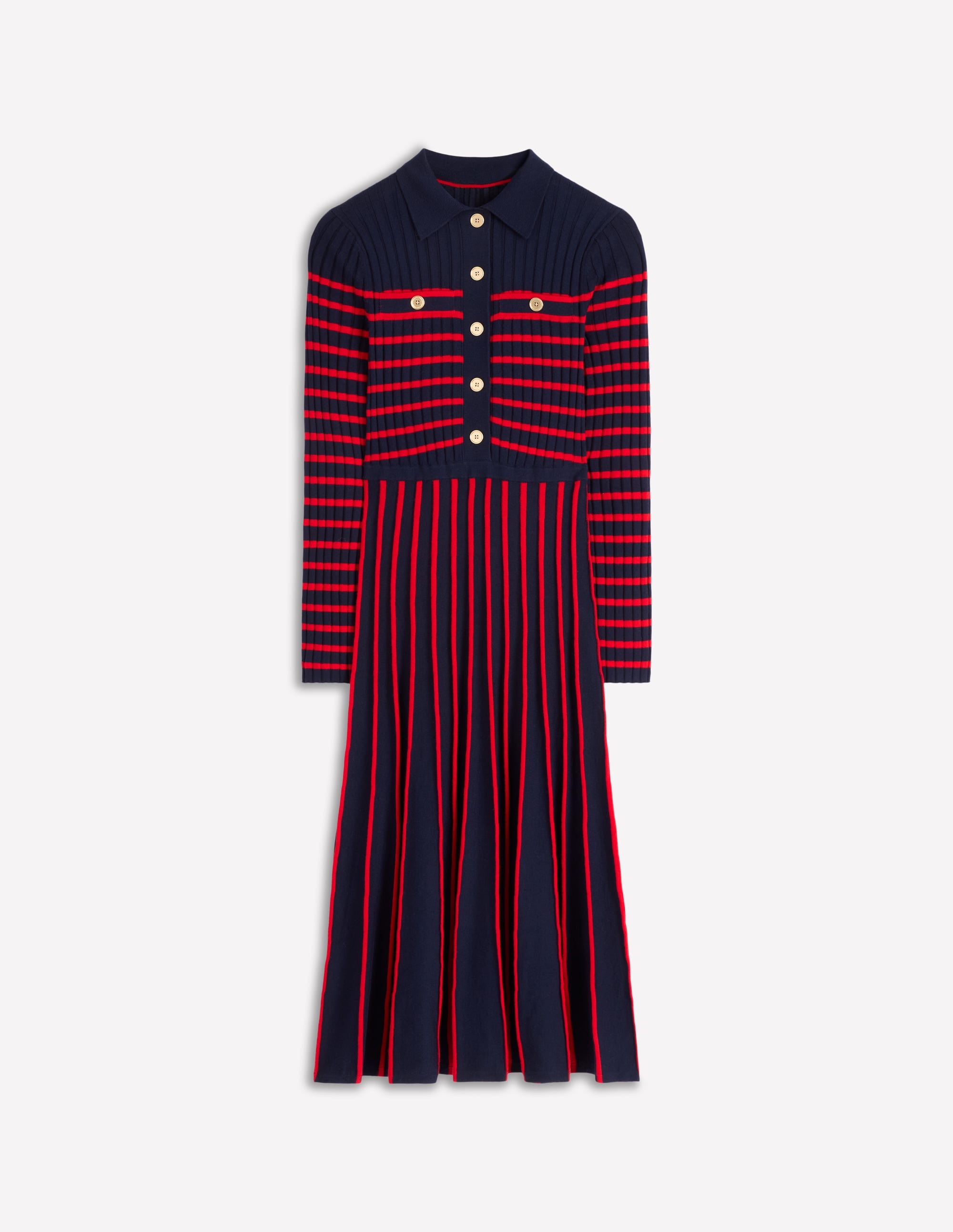 Brönte Hemdblusenkleid aus Rippstrick-Marineblau und Rot Streifen - Image 7