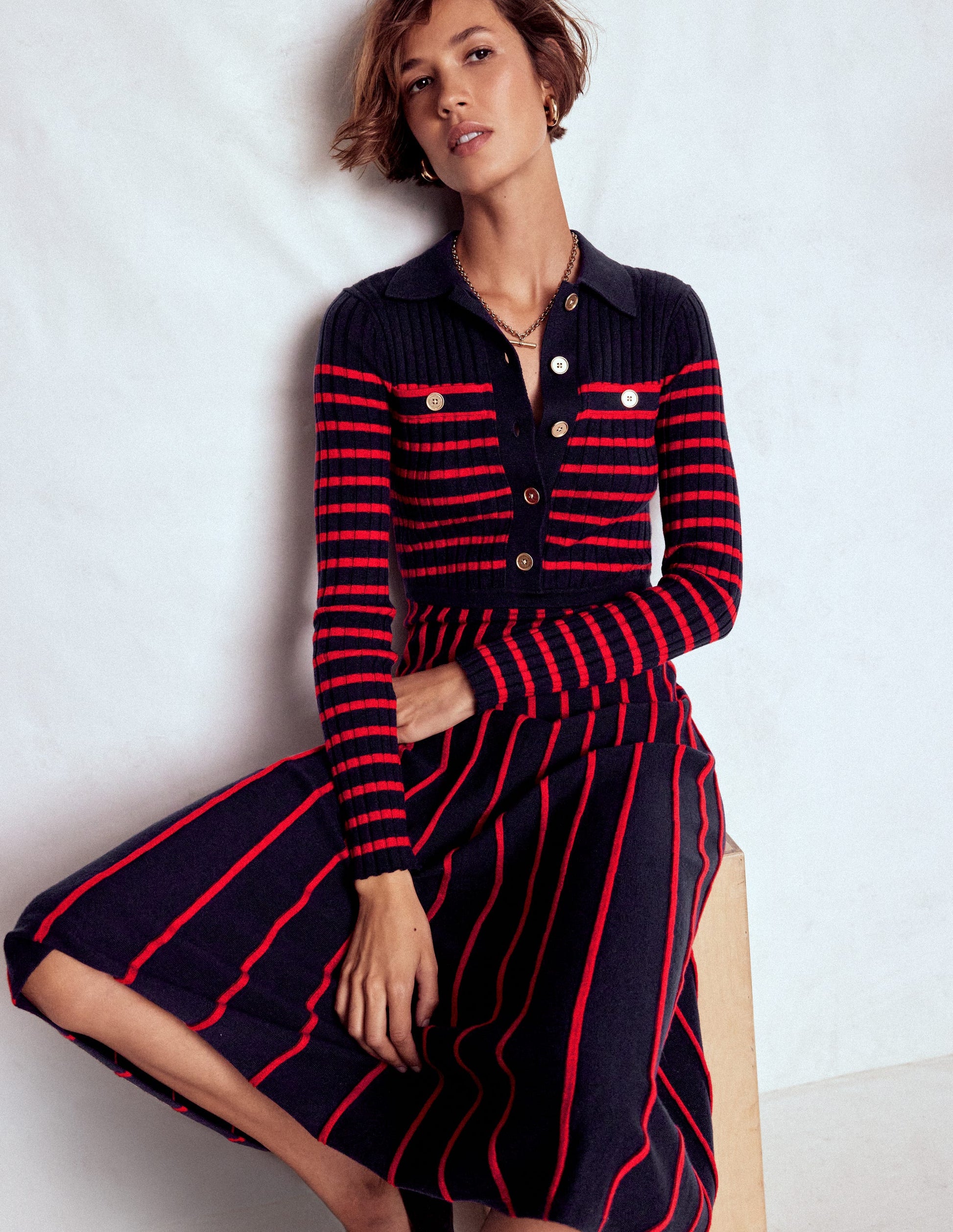Brönte Knitted Rib Shirt Dress-Navy and Red Stripe-2