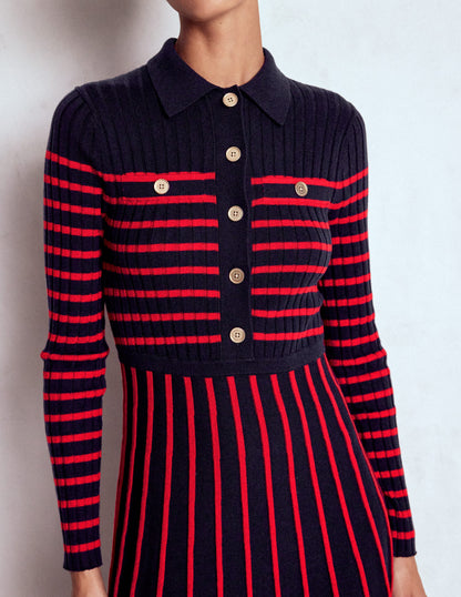 Brönte Knitted Rib Shirt Dress-Navy and Red Stripe-3