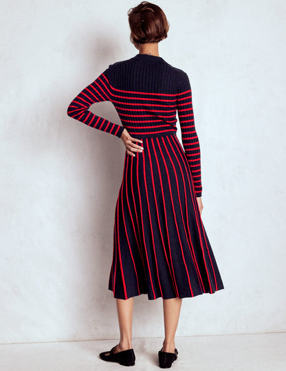 Brönte Knitted Rib Shirt Dress-Navy and Red Stripe-4