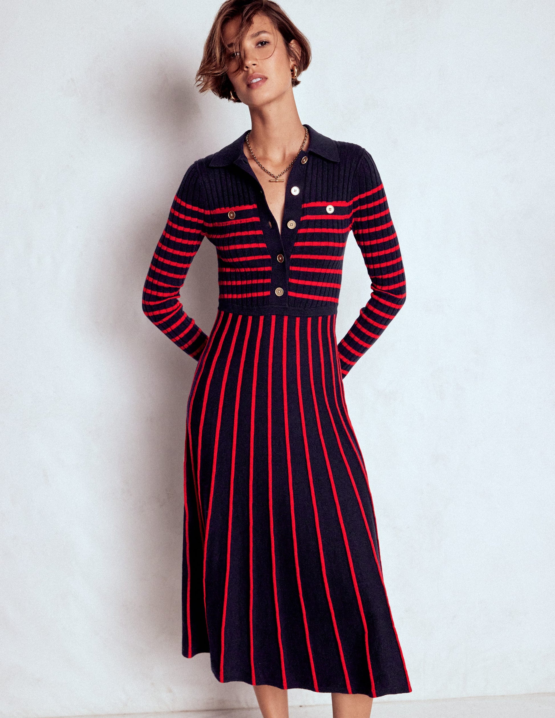 Brönte Knitted Rib Shirt Dress-Navy and Red Stripe-5