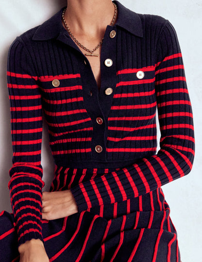 Brönte Knitted Rib Shirt Dress-Navy and Red Stripe-6