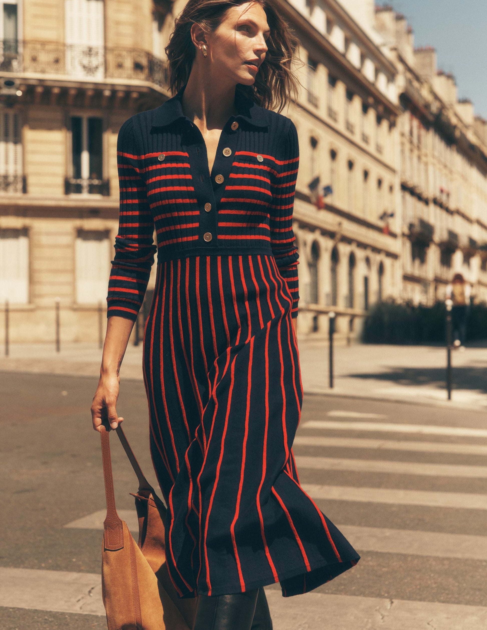 Brönte Knitted Rib Shirt Dress-Navy and Red Stripe-1
