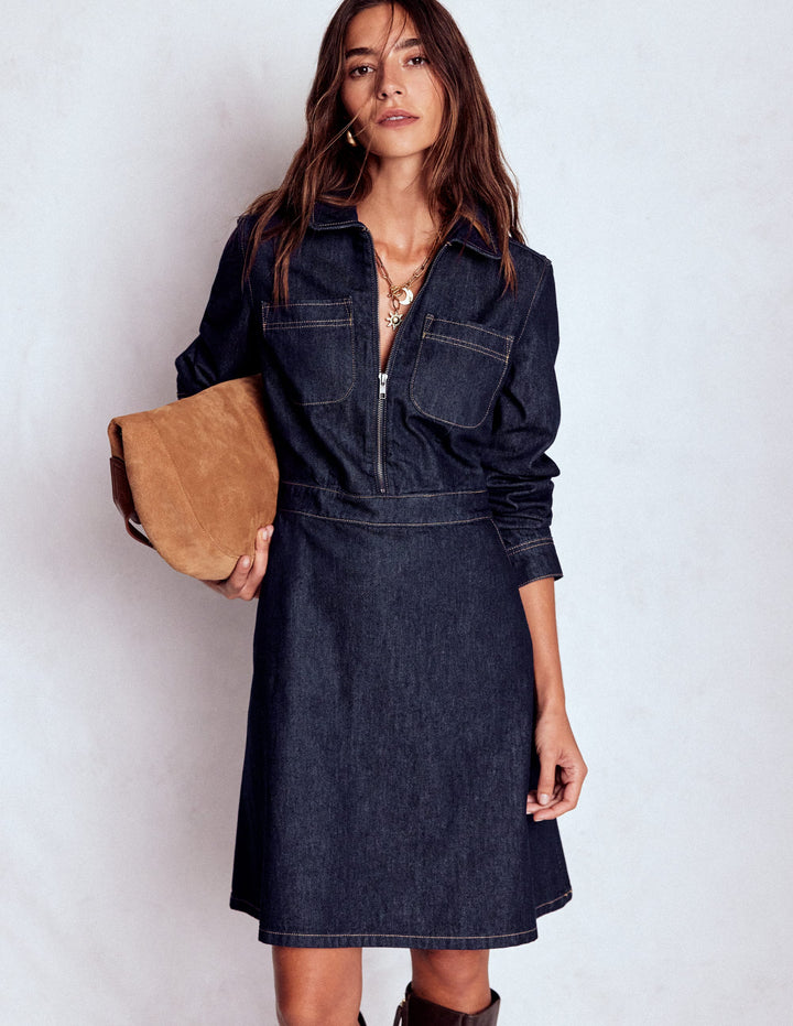 Schwingendes Denim-Hemdblusenkleid-Indigoblau, Denim