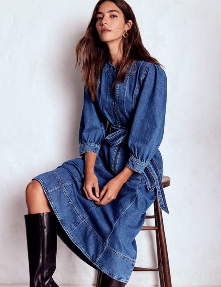 Zip Puff Sleeve Denim Dress-Dark Wash