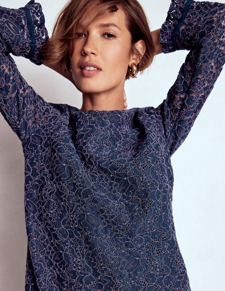 Mini-robe de cérémonie en dentelle-Bleu marine