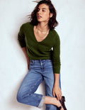 Pull Eva col V en cachemire-Vert feuille chiné