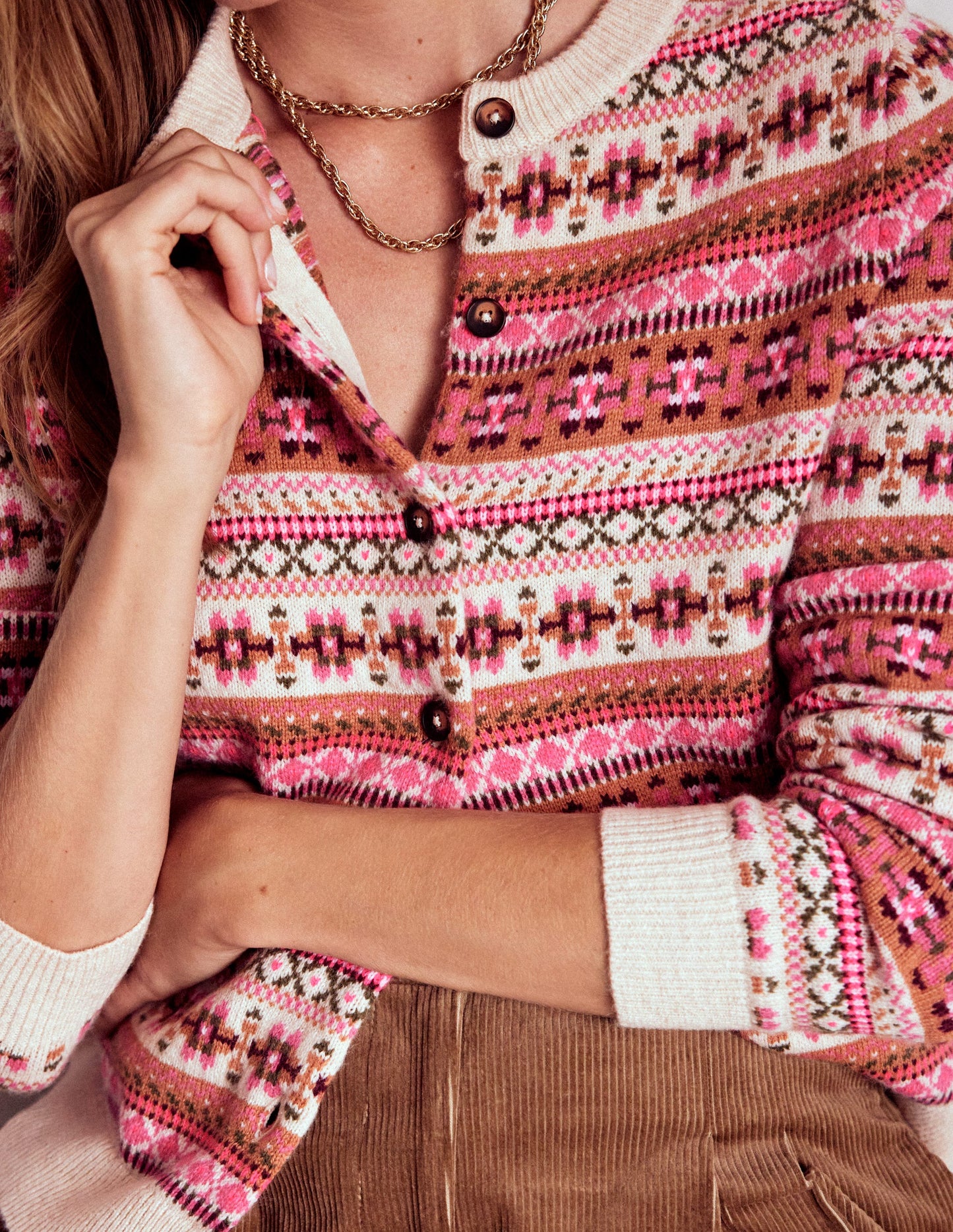 Cardigan Edie à motif jacquard-Motif jacquard traditionnel rose
