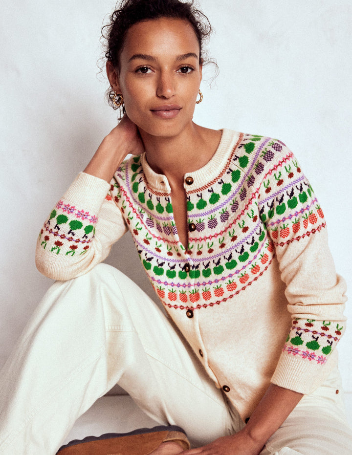 Edie Fair-Isle-Strickjacke-Beige Meliert, Obst