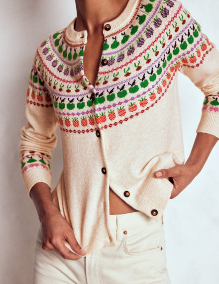 Edie Fair-Isle-Strickjacke-Beige Meliert, Obst