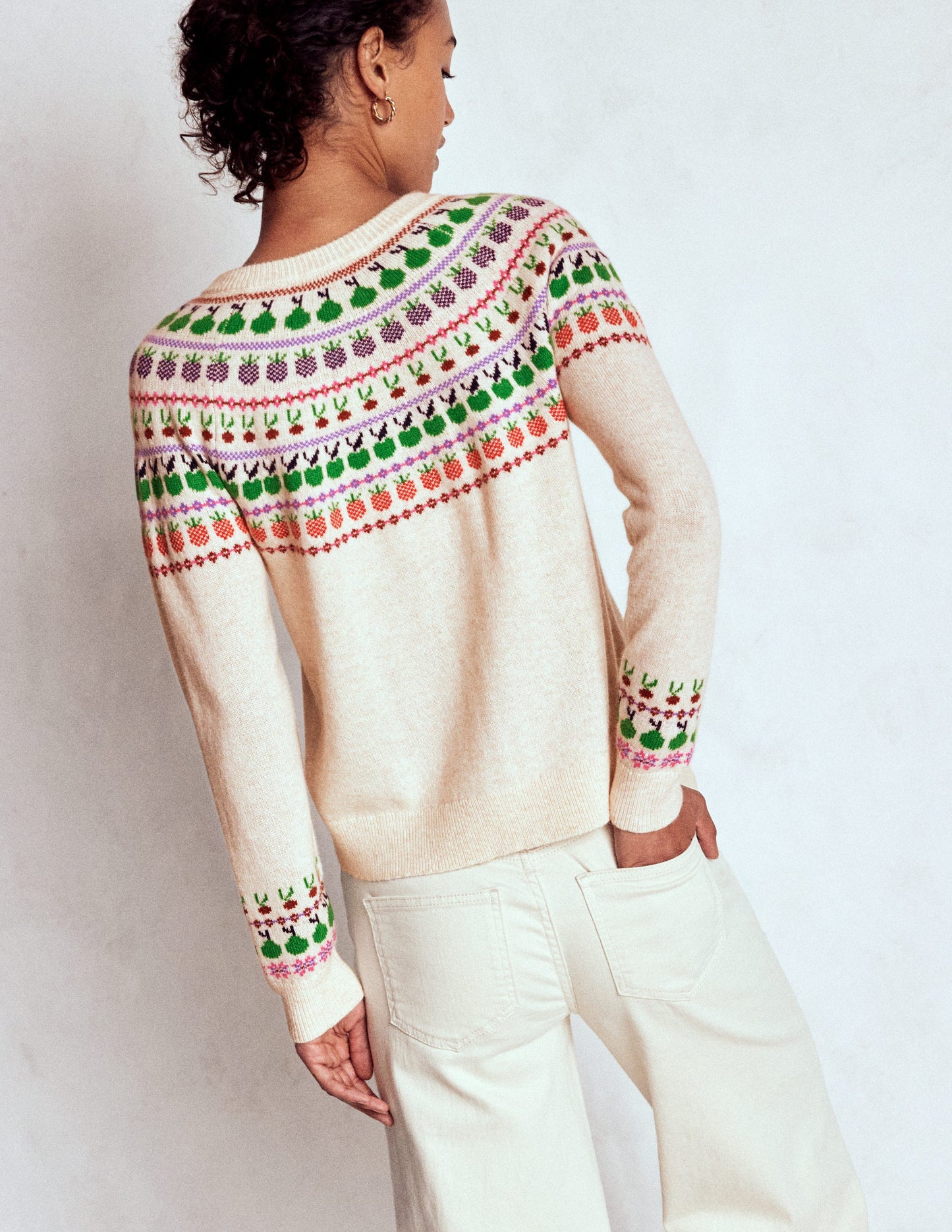 Edie Fair-Isle-Strickjacke-Beige Meliert, Obst