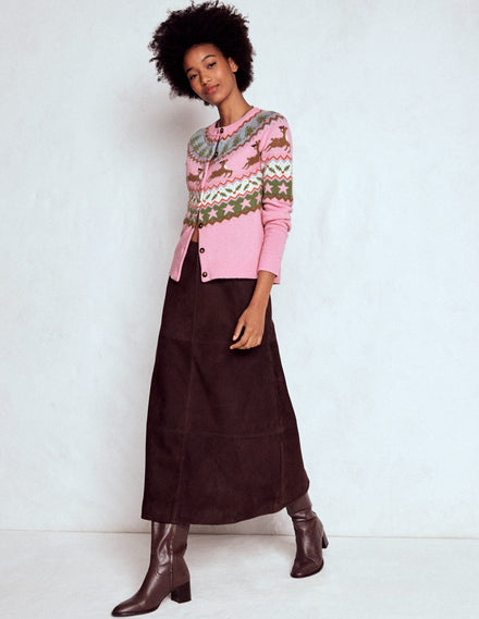 Edie Fair-Isle-Strickjacke-Rosa, Rentier