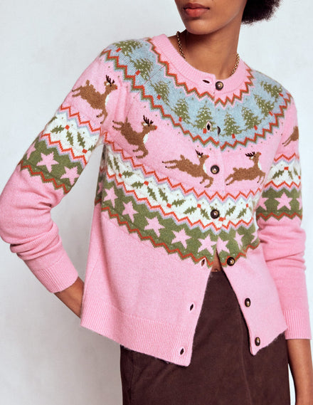 Edie Fair-Isle-Strickjacke-Rosa, Rentier