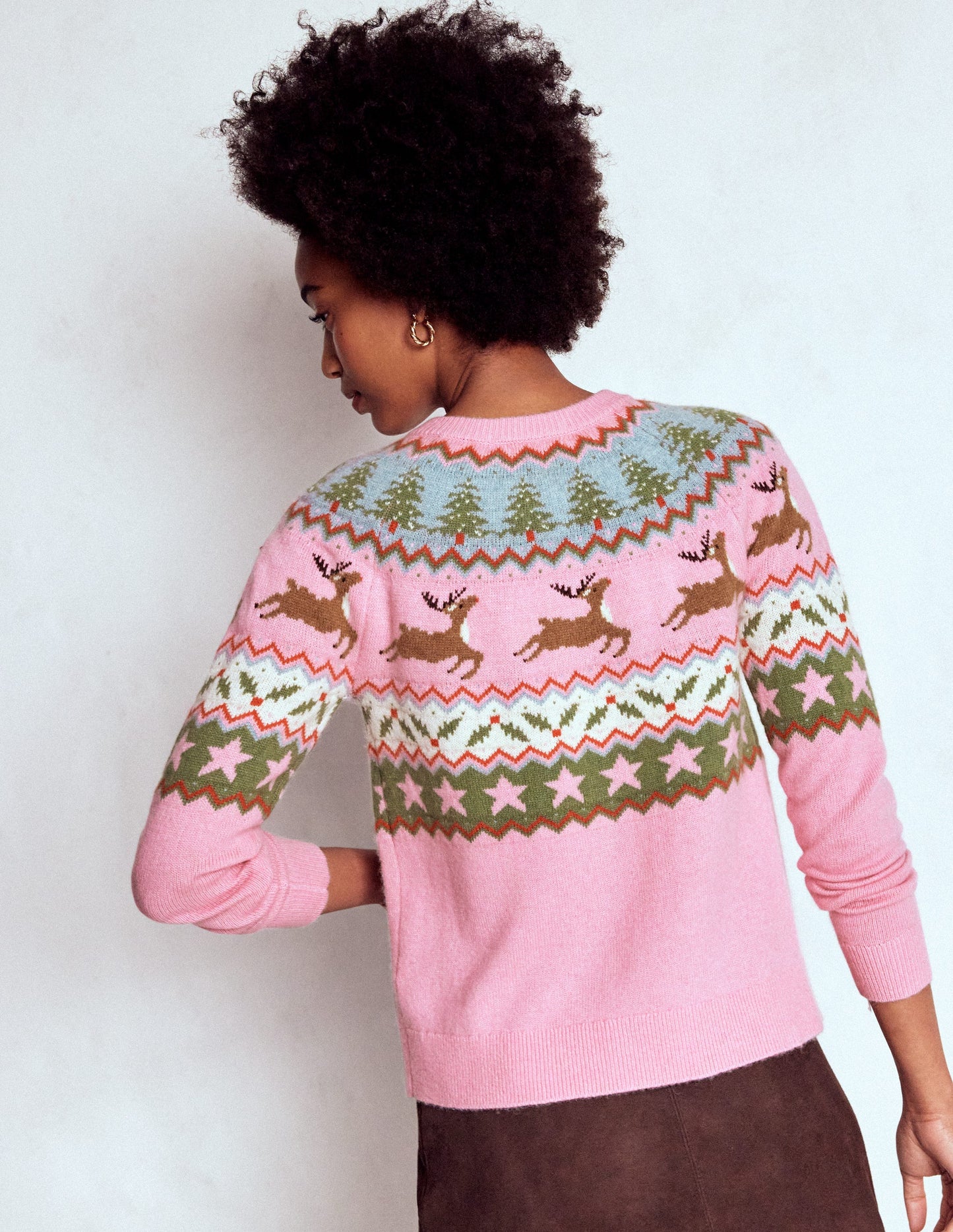 Edie Fair-Isle-Strickjacke-Rosa, Rentier