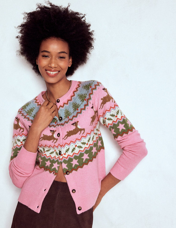 Edie Fair-Isle-Strickjacke-Rosa, Rentier