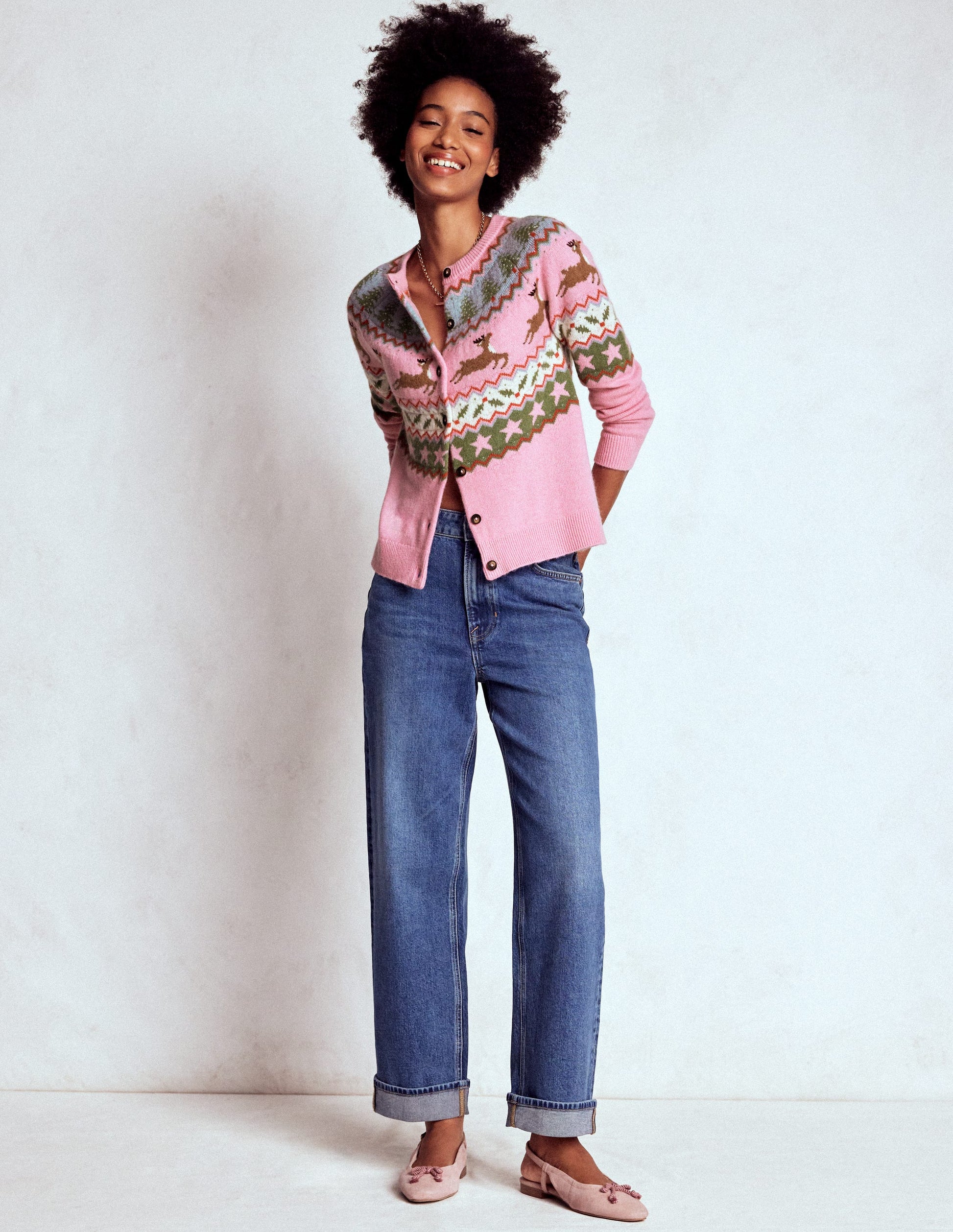 Edie Fair-Isle-Strickjacke-Rosa, Rentier-5