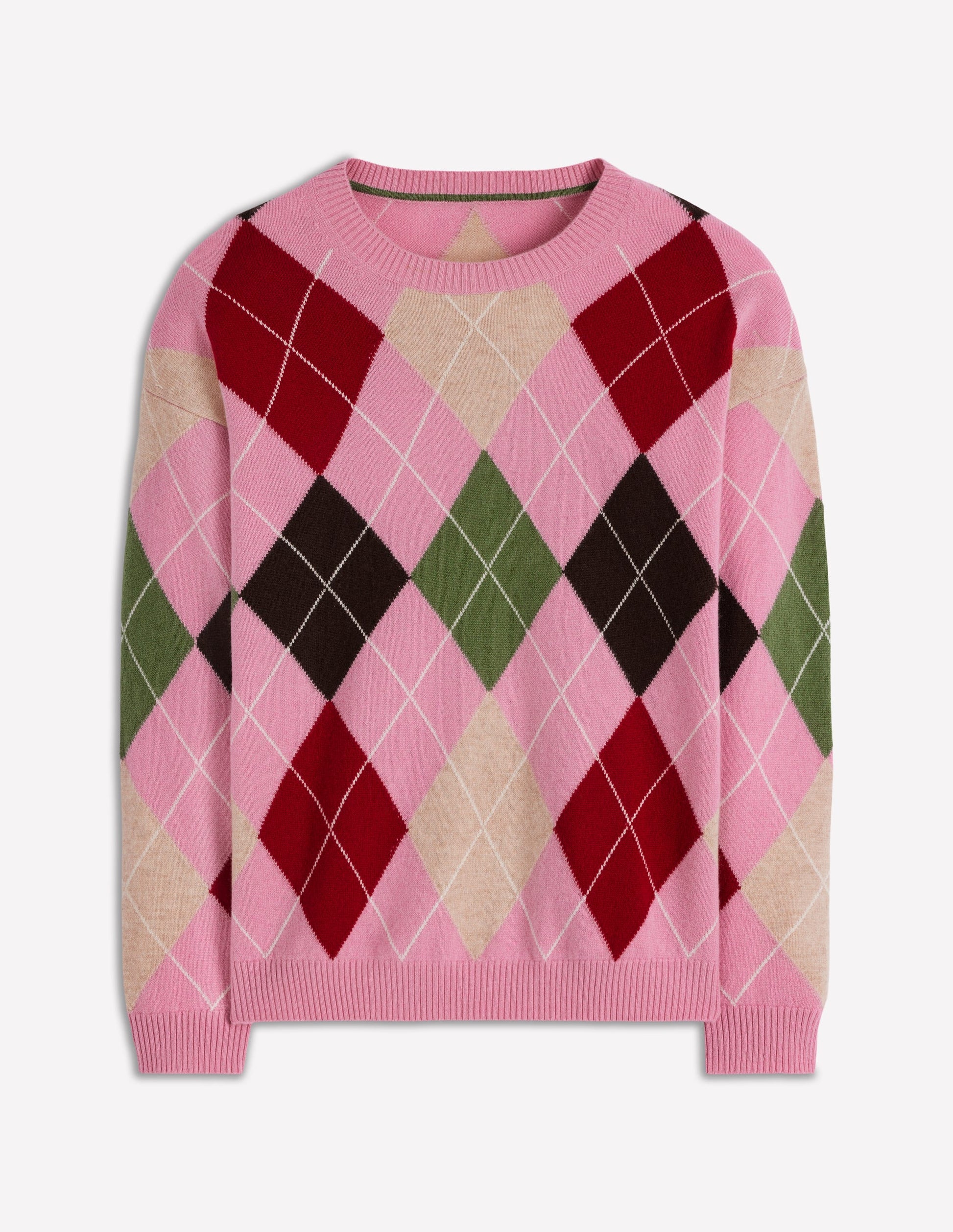 Lydia Kaschmirpullover-Rosa, Braun und Grün, Argyle-5