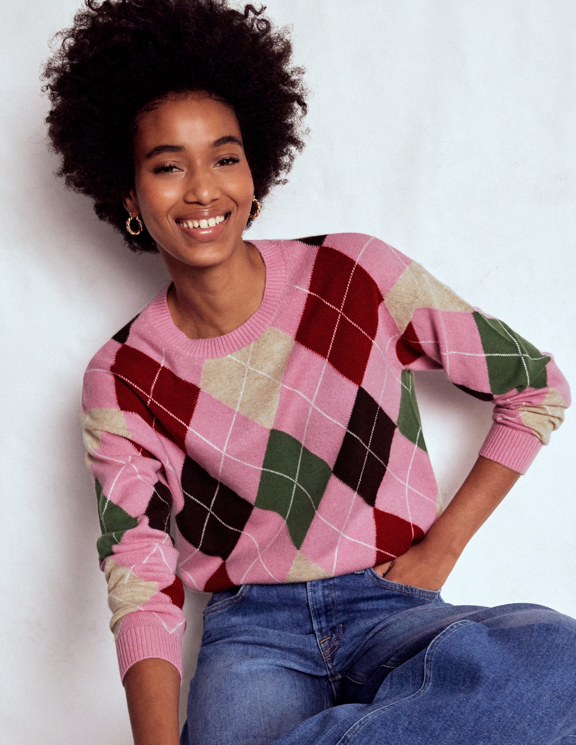 Pull Lydia en cachemire-Motif argyle rose, marron et vert - Image 1