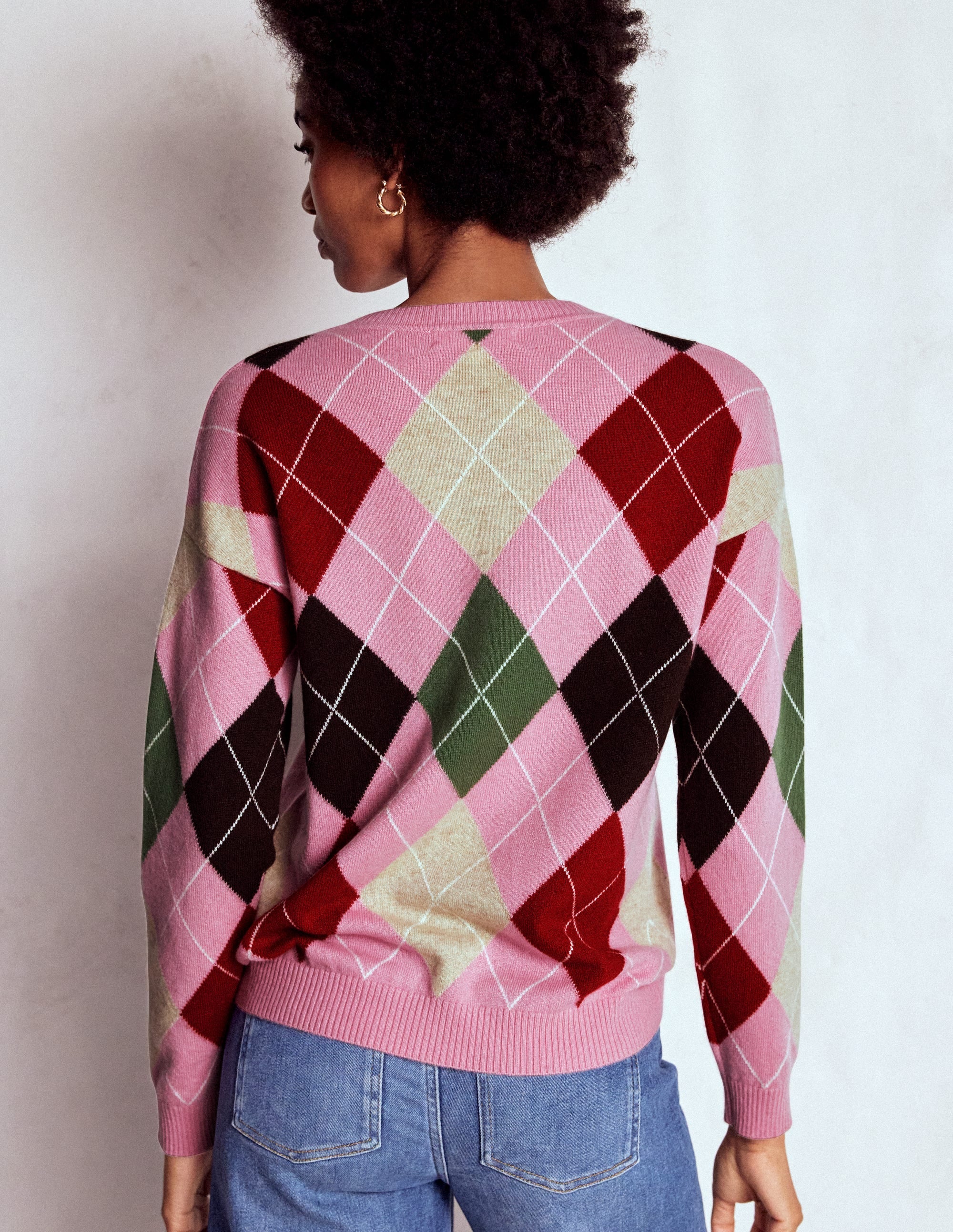 Pull Lydia en cachemire-Motif argyle rose, marron et vert - Image 3