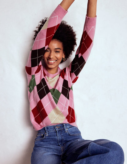 Lydia Kaschmirpullover-Rosa, Braun und Grün, Argyle-4