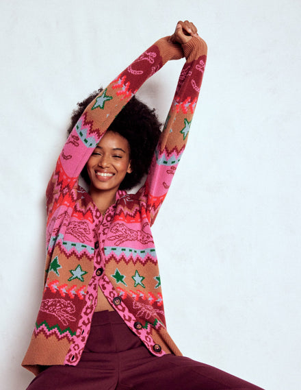 Quinn Strickjacke im Boyfriend-Stil-Kamelbraun, Geparden