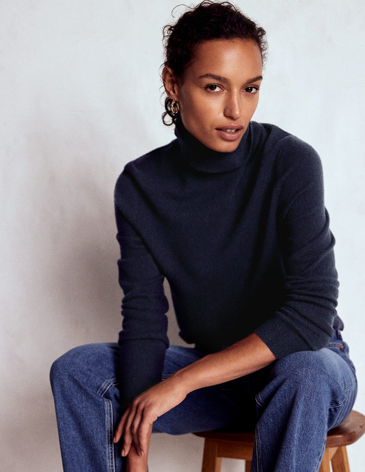 Eva Cashmere Roll Neck Jumper-Navy