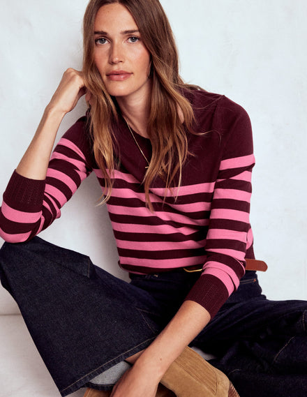 Emilia Baumwollpullover mit Rundhalsausschnitt-Kastanie/Rosa Streifen