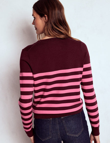 Emilia Baumwollpullover mit Rundhalsausschnitt-Kastanie/Rosa Streifen