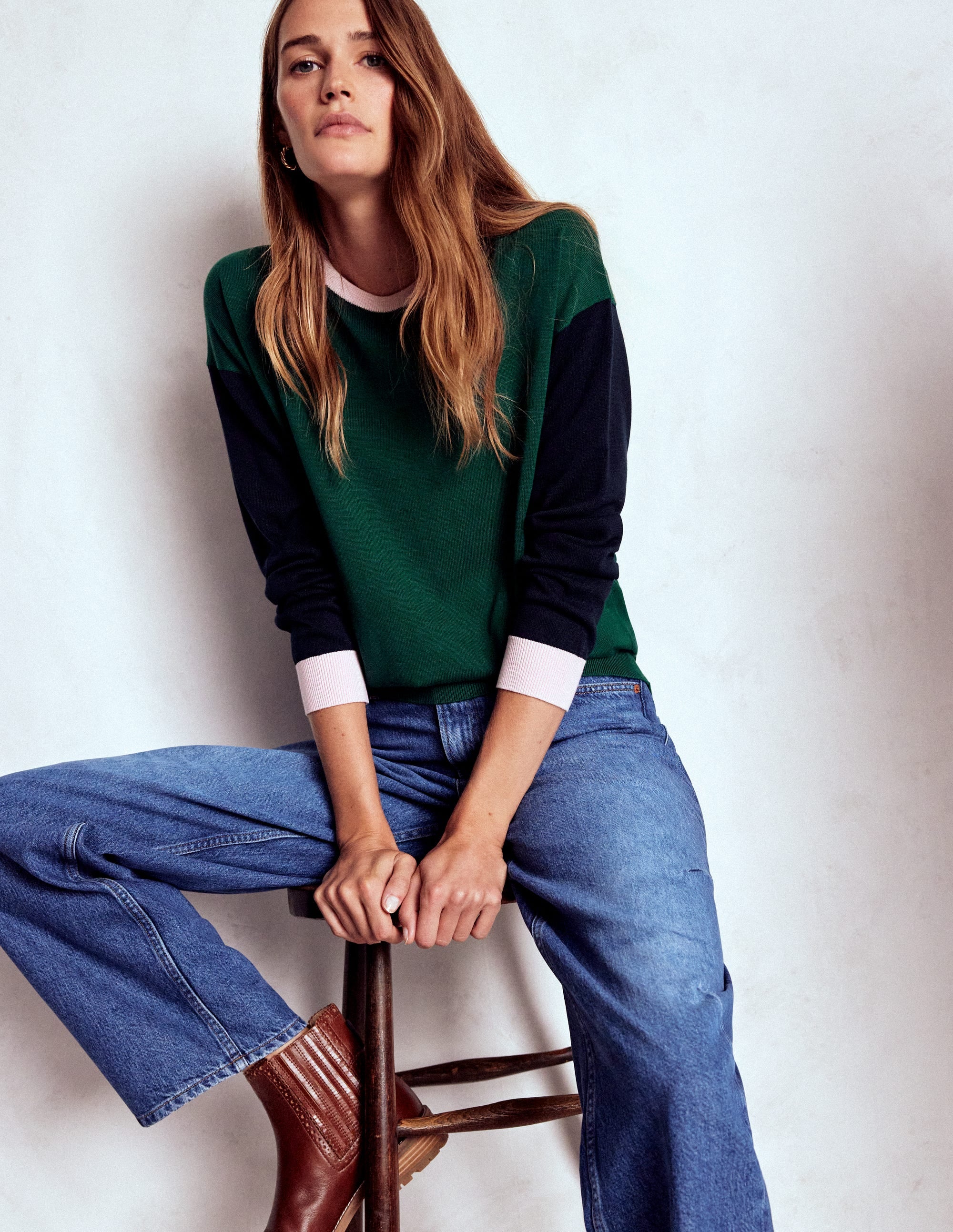 Lara Lockerer Baumwollpullover-Dunkles Smaragdgrün, Marineblau - Image 1